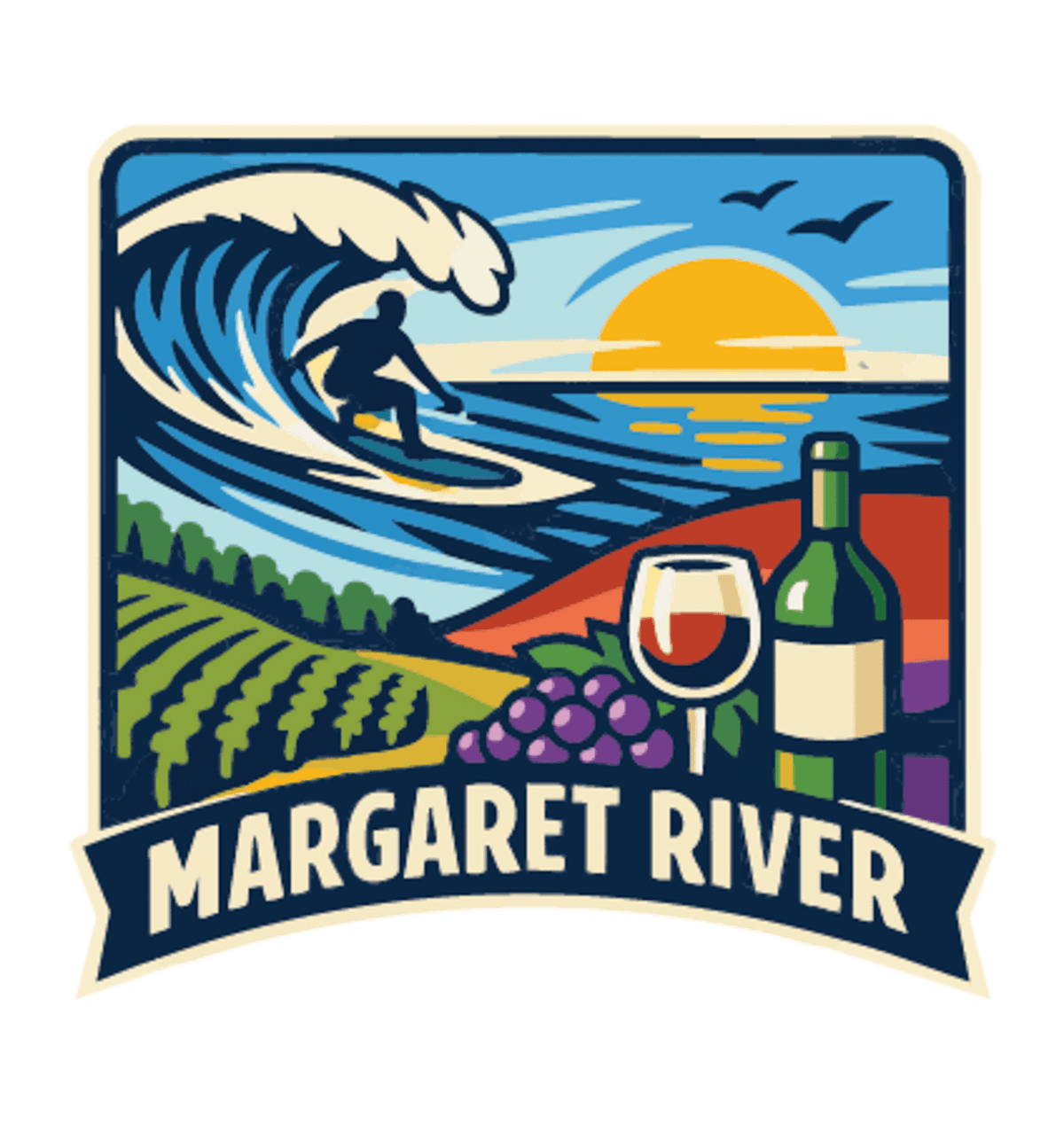 Margaret River illustrated travel patch design featuring a surfer riding a wave above vineyard rows, grapes and a wine glass.