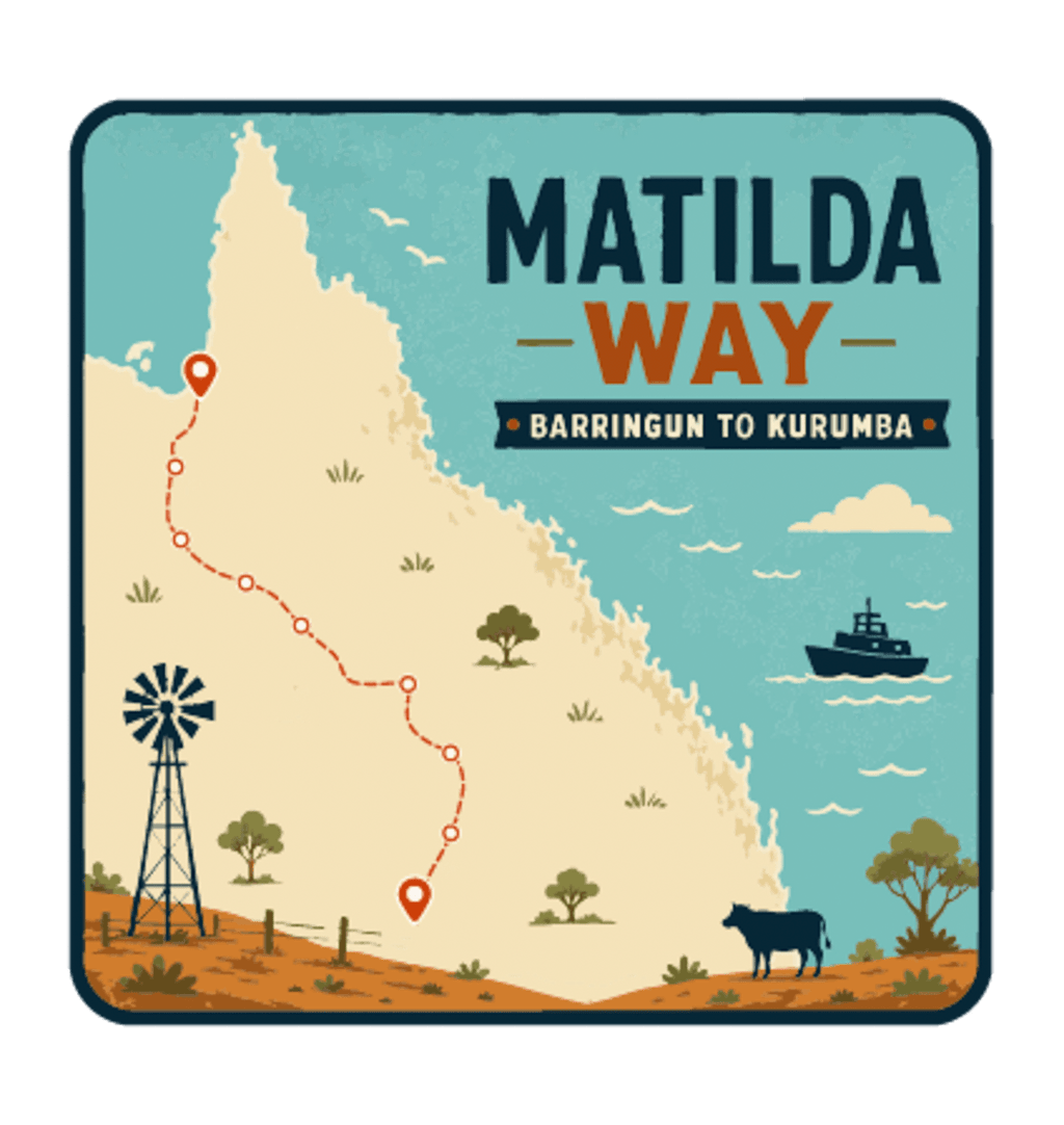 Matilda Way illustrated travel patch design featuring a Queensland route map from Barringun to Kurumba, with a windmill, cattle and a boat.