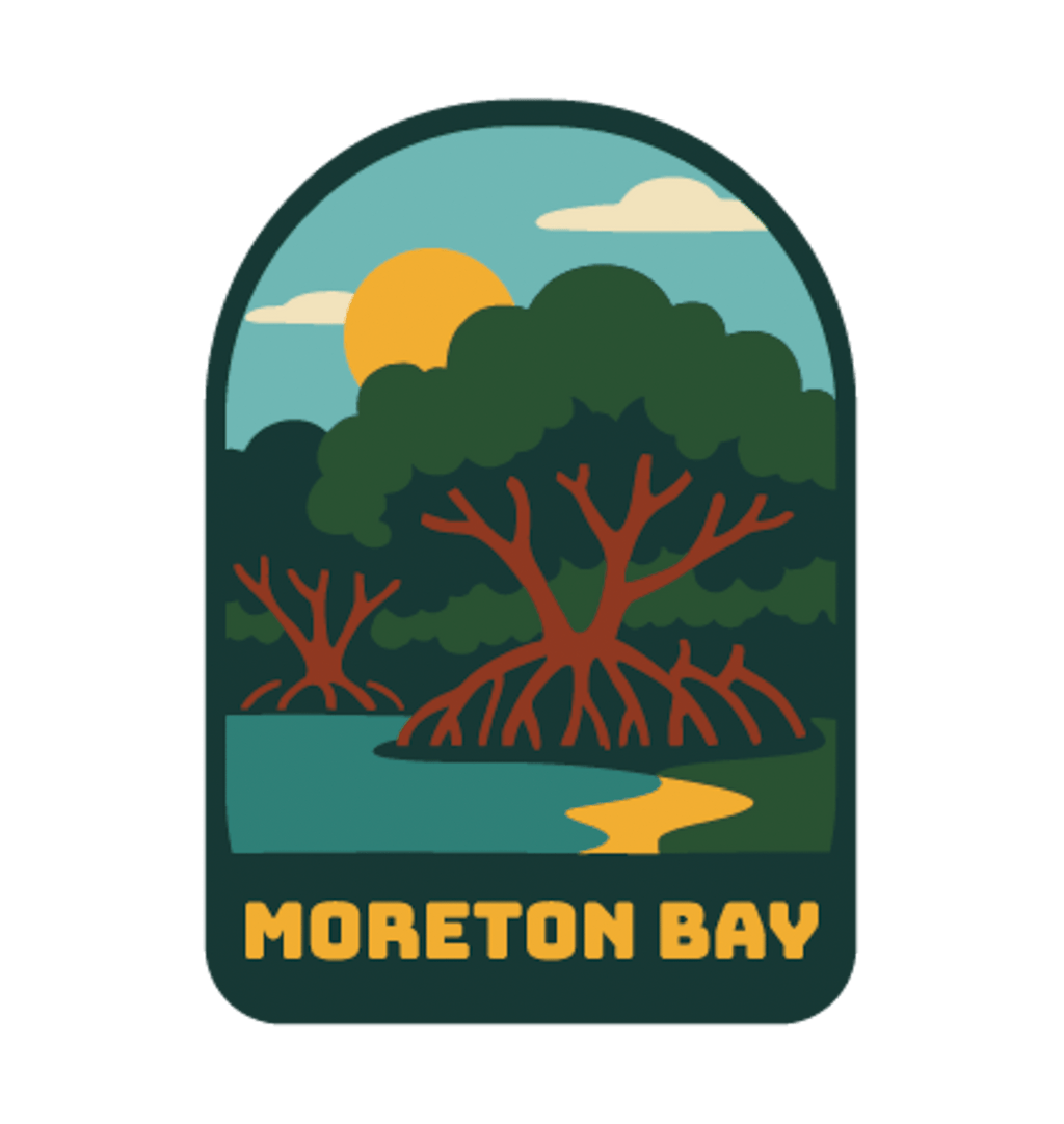 Moreton Bay illustrated travel patch design featuring mangrove trees with exposed roots beside calm coastal water at sunset.