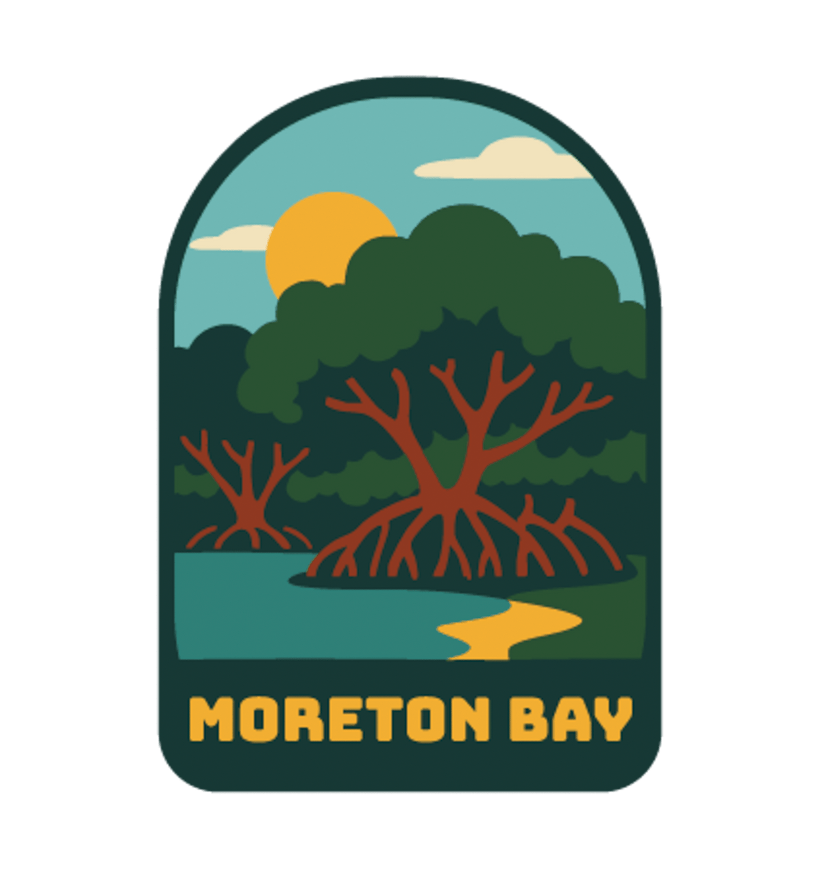 Moreton Bay illustrated travel patch design featuring mangrove trees with exposed roots beside calm coastal water at sunset.