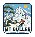 Mount Buller illustrated travel patch design featuring a skier descending a snowy slope beneath chairlifts and a mountain village.