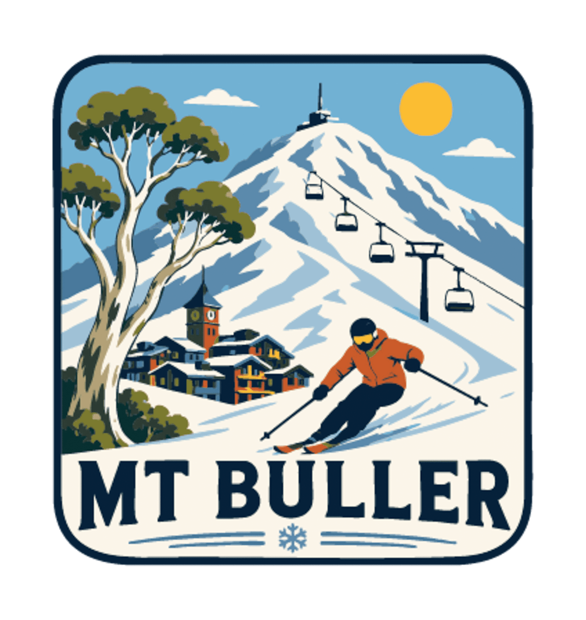 Mount Buller illustrated travel patch design featuring a skier descending a snowy slope beneath chairlifts and a mountain village.