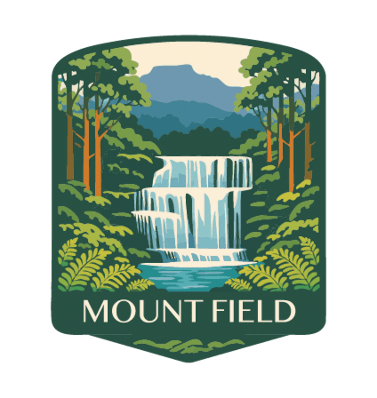 Mount Field National Park illustrated travel patch design featuring a tiered waterfall surrounded by lush green forest.