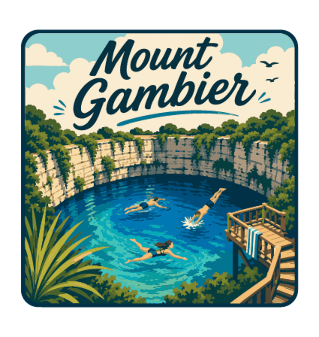 Mount Gambier illustrated travel patch design featuring swimmers in a brilliant blue crater lake surrounded by limestone cliffs.