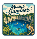 Mount Gambier illustrated travel patch design featuring swimmers in a brilliant blue crater lake surrounded by limestone cliffs.