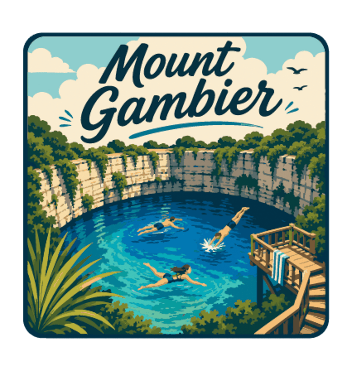 Mount Gambier illustrated travel patch design featuring swimmers in a brilliant blue crater lake surrounded by limestone cliffs.