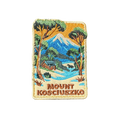 Mount Kosciouzko embroidered travel patch with a snow-covered mountain, alpine cabin, trees and a horse; photographed on a transparent background.