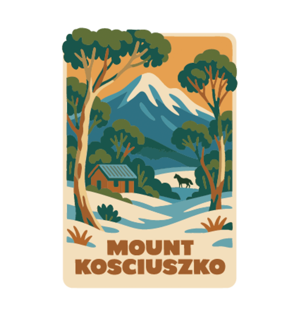 Mount Kosciouzko illustrated travel patch design featuring a snow-covered mountain, alpine cabin, trees and a horse.