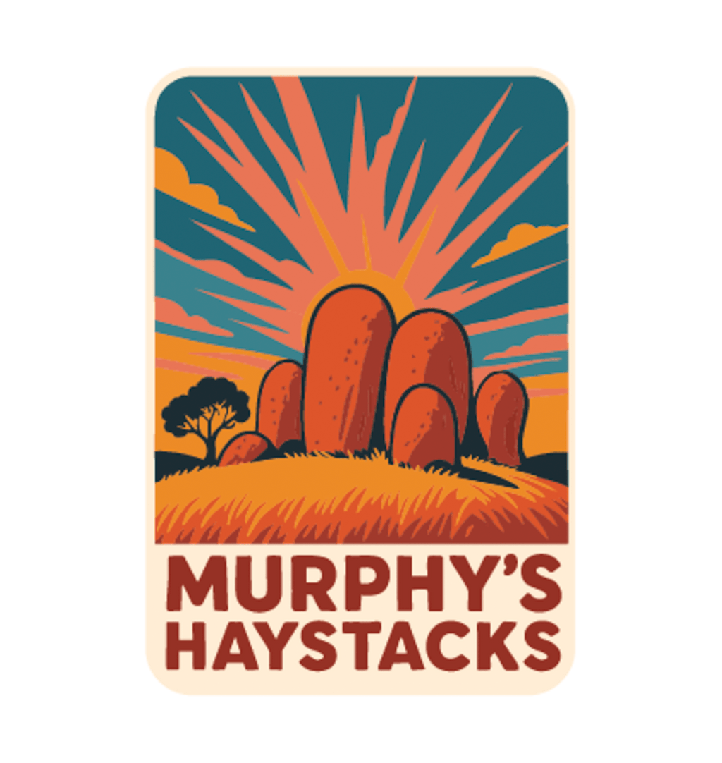 Murphys Haystacks illustrated travel patch design featuring large rounded granite boulders in golden grass beneath a radiant sunset.