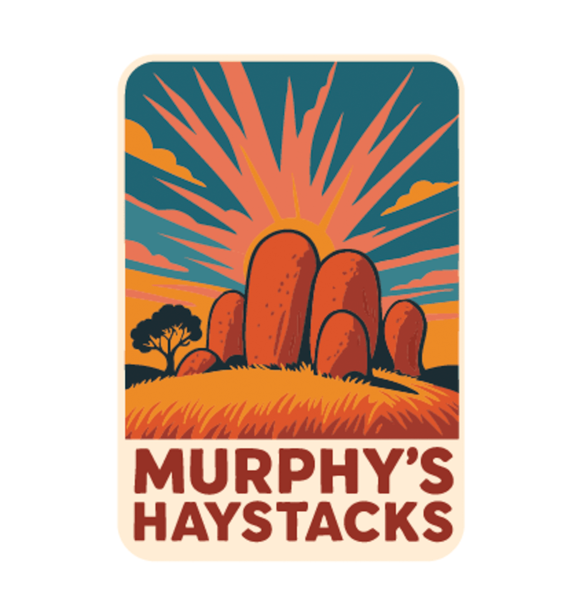 Murphys Haystacks illustrated travel patch design featuring large rounded granite boulders in golden grass beneath a radiant sunset.