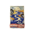 Murray River embroidered travel patch with a winding blue river with a paddle steamer, birds and riverbank trees; photographed on a transparent background.