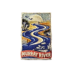 Murray River embroidered travel patch with a winding blue river with a paddle steamer, birds and riverbank trees; photographed on a transparent background.