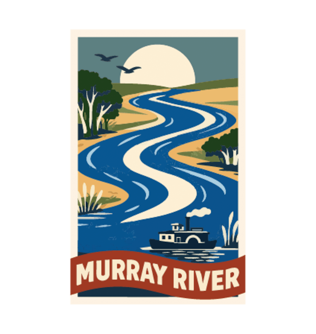 Murray River illustrated travel patch design featuring a winding blue river with a paddle steamer, birds and riverbank trees.