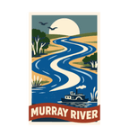 Murray River illustrated travel patch design featuring a winding blue river with a paddle steamer, birds and riverbank trees.