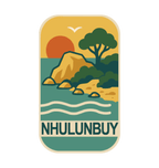 Nhulunbuy - Arnhem Land illustrated travel patch design featuring a rocky tropical shoreline with trees, gentle waves and a setting sun.