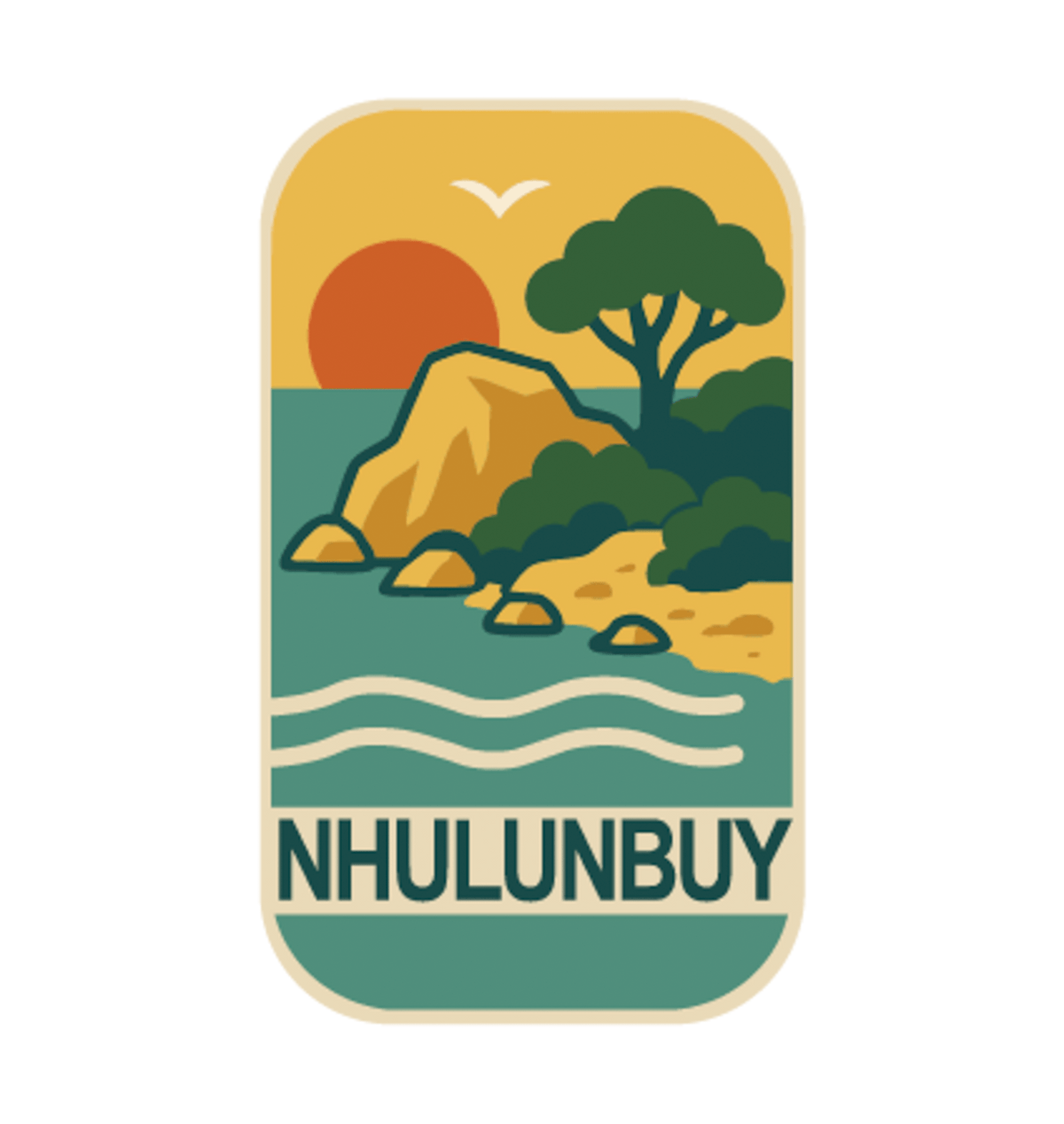 Nhulunbuy - Arnhem Land illustrated travel patch design featuring a rocky tropical shoreline with trees, gentle waves and a setting sun.