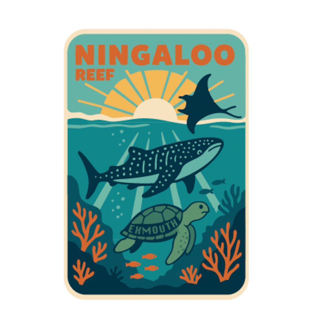Ningaloo Reef illustrated travel patch design featuring a whale shark, manta ray and sea turtle swimming over coral reef.