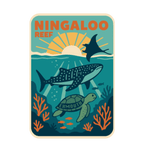 Ningaloo Reef illustrated travel patch design featuring a whale shark, manta ray and sea turtle swimming over coral reef.