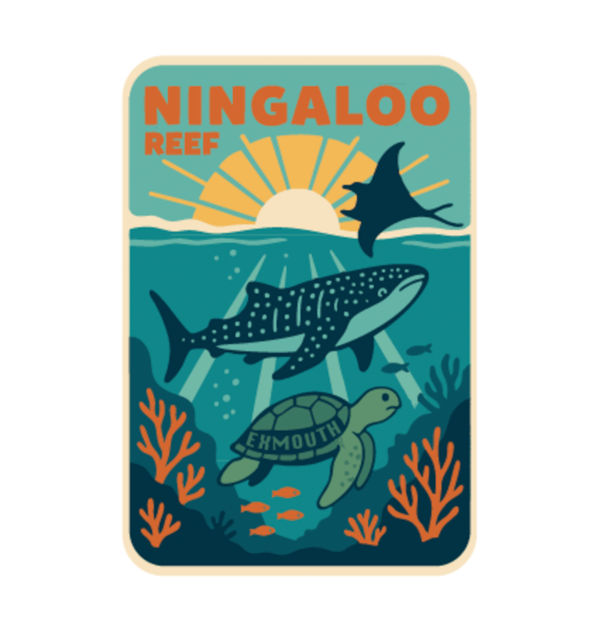 Ningaloo Reef illustrated travel patch design featuring a whale shark, manta ray and sea turtle swimming over coral reef.