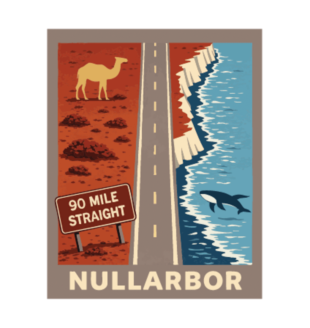 Nullarbor Plain illustrated travel patch design featuring the 90 Mile Straight road between red desert with a camel and coastal cliffs with a whale.