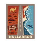 Nullarbor Plain illustrated travel patch design featuring the 90 Mile Straight road between red desert with a camel and coastal cliffs with a whale.