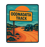 Oodnadatta Track illustrated travel patch design featuring an Oodnadatta Track roadside sign and four-wheel drive on a red dirt road at sunset.