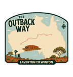 Outback Way illustrated travel patch design featuring a map of Australia showing the Laverton to Winton route and Uluru.