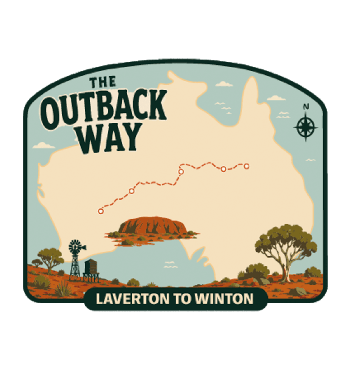 Outback Way illustrated travel patch design featuring a map of Australia showing the Laverton to Winton route and Uluru.