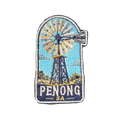 Penong embroidered travel patch with a windmill in a red outback landscape; photographed on a transparent background.