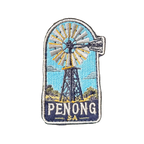 Penong embroidered travel patch with a windmill in a red outback landscape; photographed on a transparent background.