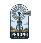 Penong illustrated travel patch design featuring a windmill in a red outback landscape.