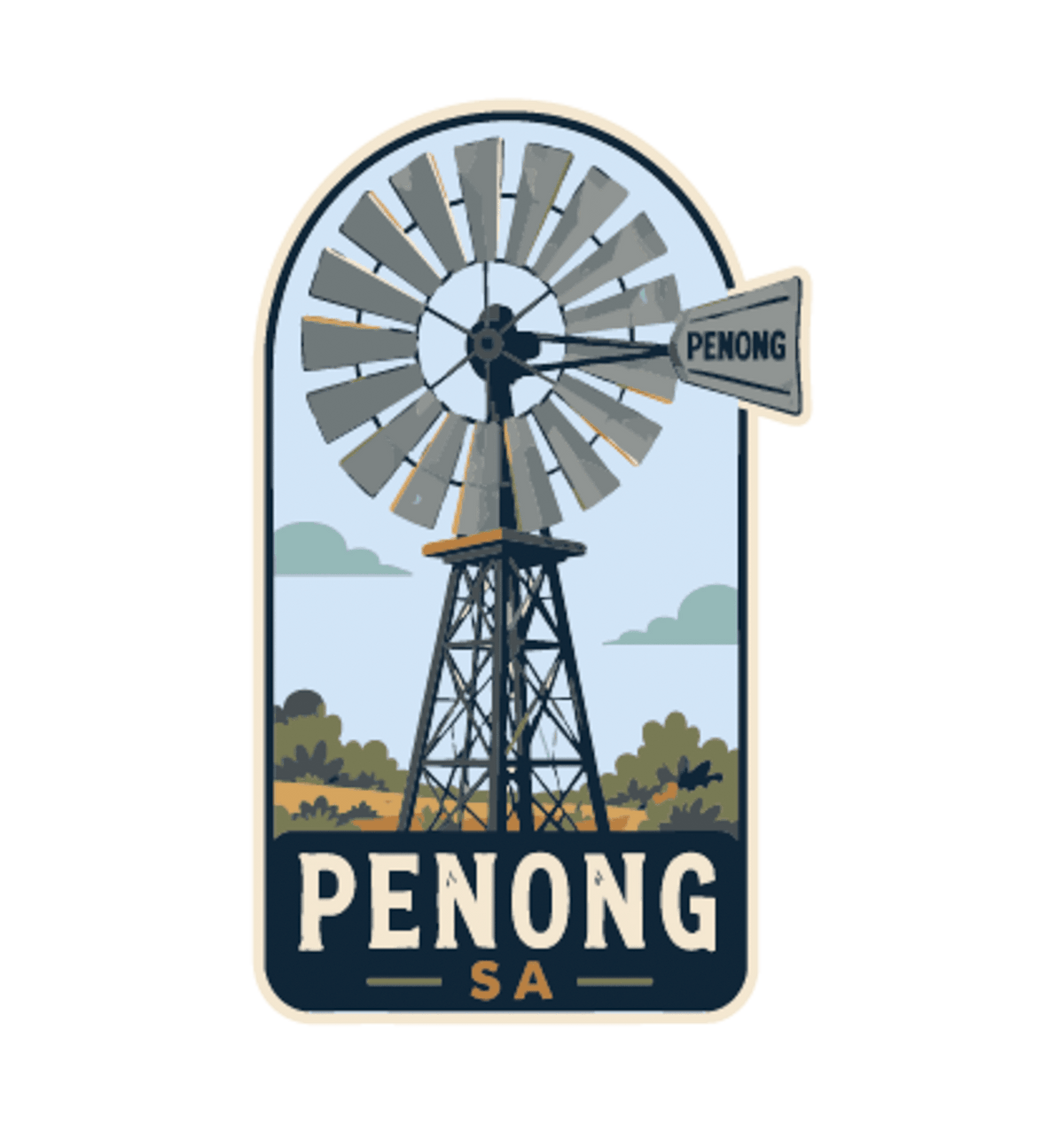 Penong illustrated travel patch design featuring a windmill in a red outback landscape.