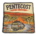 Pentecost River Crossing embroidered travel patch with a four-wheel drive crossing the Pentecost River with the Cockburn Range behind it; photographed on a transparent background.