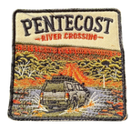 Pentecost River Crossing embroidered travel patch with a four-wheel drive crossing the Pentecost River with the Cockburn Range behind it; photographed on a transparent background.