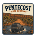 Pentecost River Crossing illustrated travel patch design featuring a four-wheel drive crossing the Pentecost River with the Cockburn Range behind it.