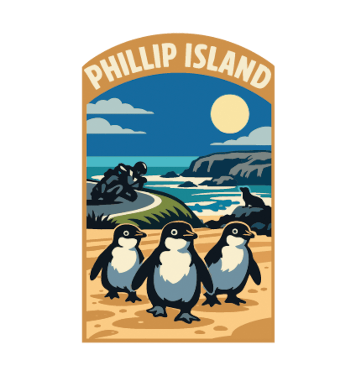 Phillip Island illustrated travel patch design featuring three little penguins on a beach with a motorcycle racer and ocean cliffs behind.