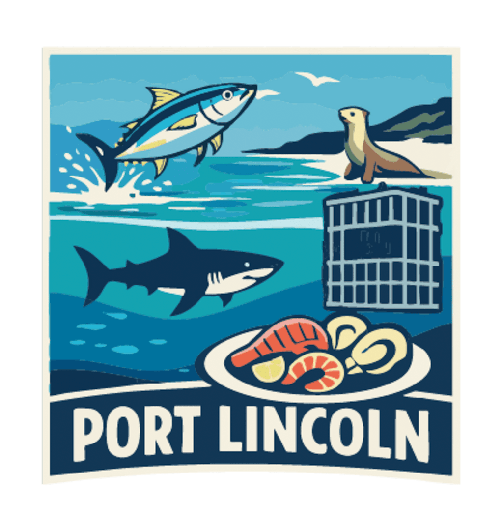 Port Lincoln illustrated travel patch design featuring a tuna, great white shark, sea lion, cage-diving cage and seafood platter.
