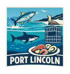 Port Lincoln illustrated travel patch design featuring a tuna, great white shark, sea lion, cage-diving cage and seafood platter.