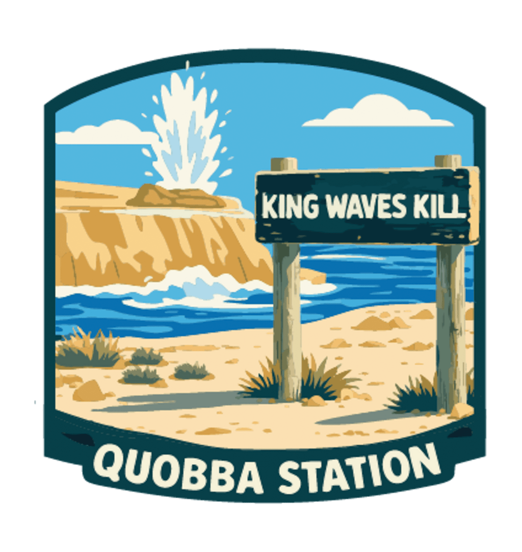 Quobba Blowholes illustrated travel patch design featuring a coastal blowhole spraying above rugged cliffs and ocean.