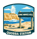 Quobba Blowholes illustrated travel patch design featuring a coastal blowhole spraying above rugged cliffs and ocean.