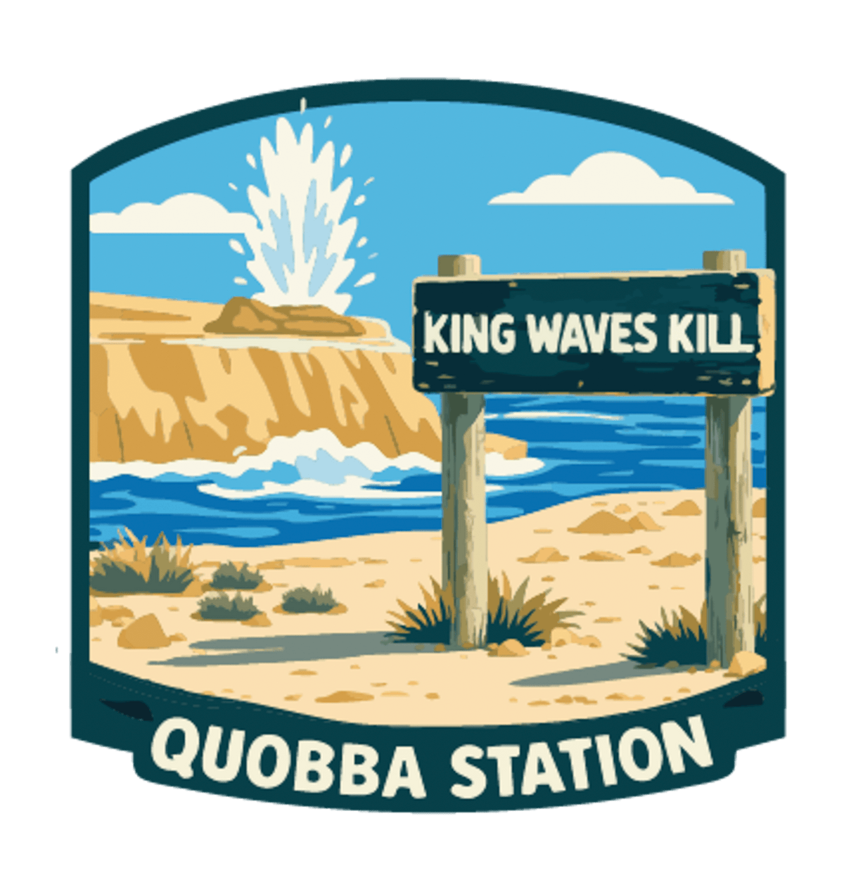 Quobba Blowholes illustrated travel patch design featuring a coastal blowhole spraying above rugged cliffs and ocean.