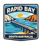 Rapid Bay illustrated travel patch design featuring a long jetty above turquoise coastal water.
