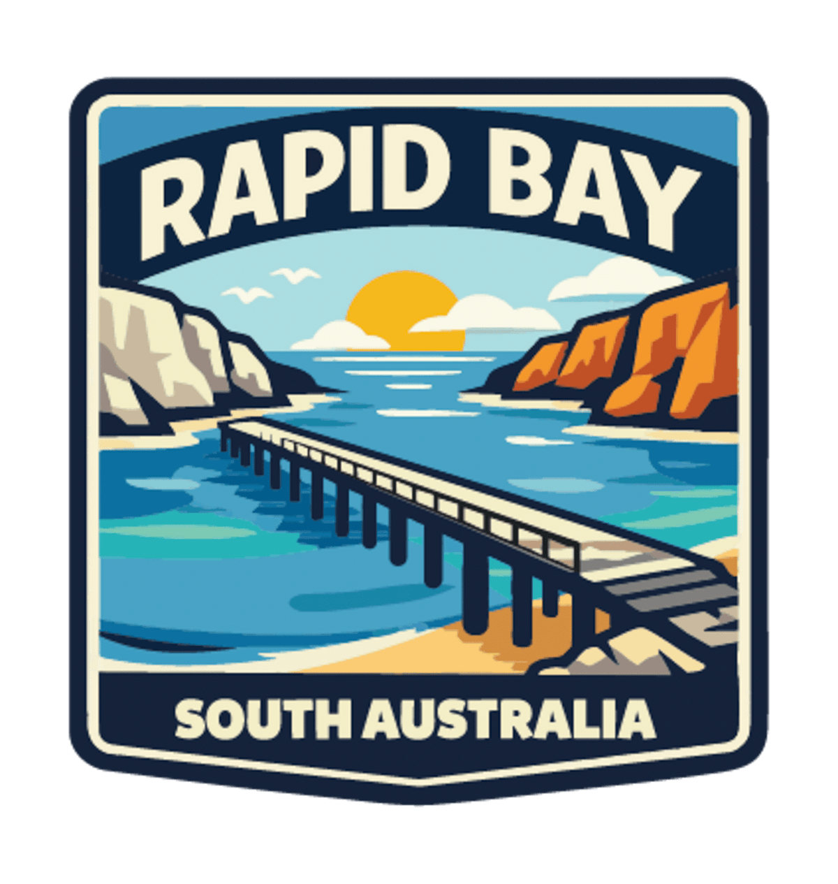 Rapid Bay illustrated travel patch design featuring a long jetty above turquoise coastal water.