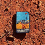 Robe - Beachport 4WD Track embroidered travel patch with a four-wheel drive on a sandy coastal track beside the sea.