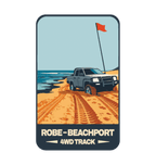 Robe - Beachport 4WD Track illustrated travel patch design featuring a four-wheel drive on a sandy coastal track beside the sea.
