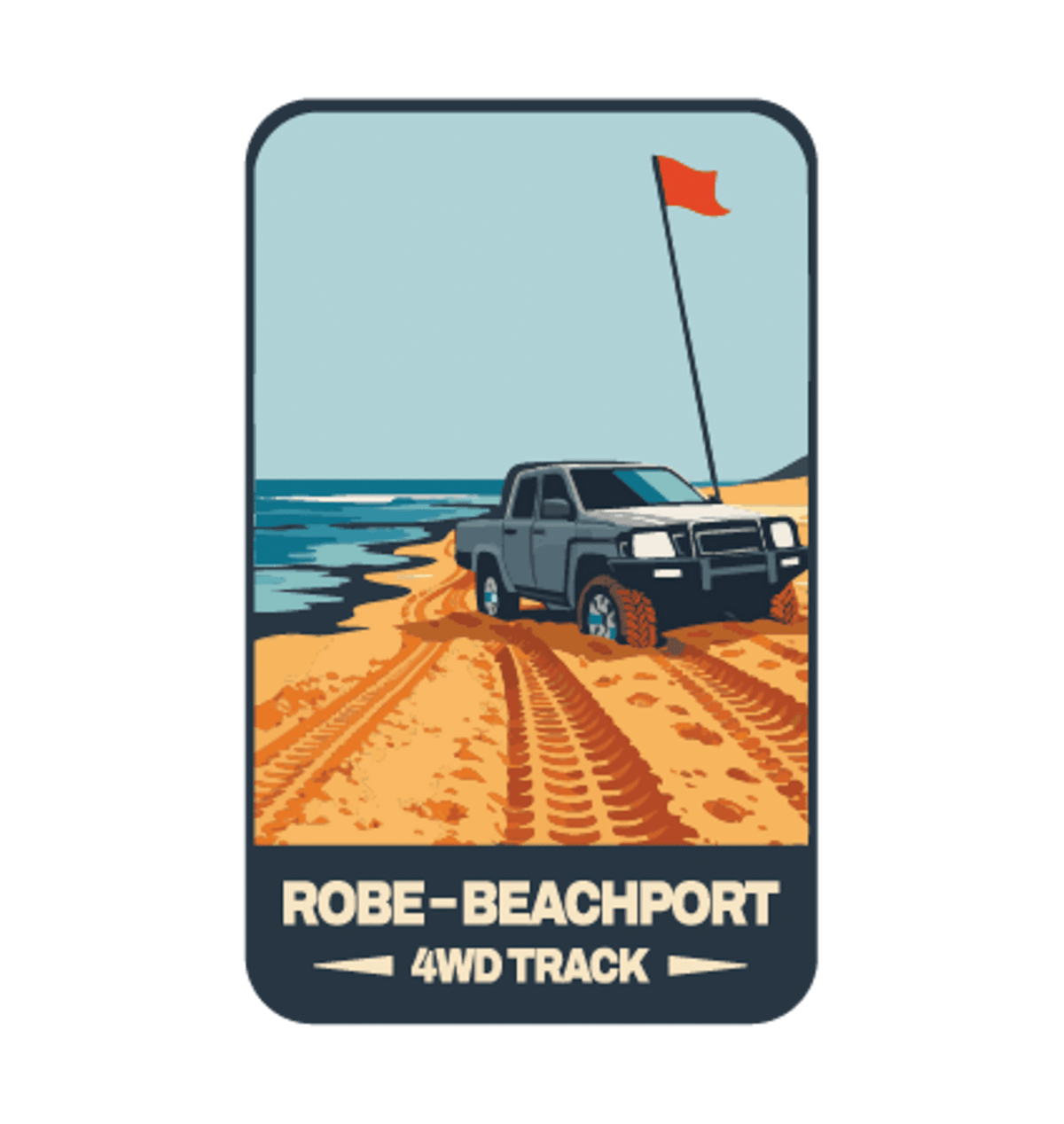 Robe - Beachport 4WD Track illustrated travel patch design featuring a four-wheel drive on a sandy coastal track beside the sea.