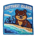 Rottnest Island embroidered travel patch with a quokka and an island beach with turquoise water; photographed on a transparent background.