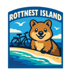 Rottnest Island illustrated travel patch design featuring a quokka and an island beach with turquoise water.