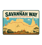 Savannah Way illustrated travel patch design featuring a four-wheel drive travelling a red dirt road across northern Australia.