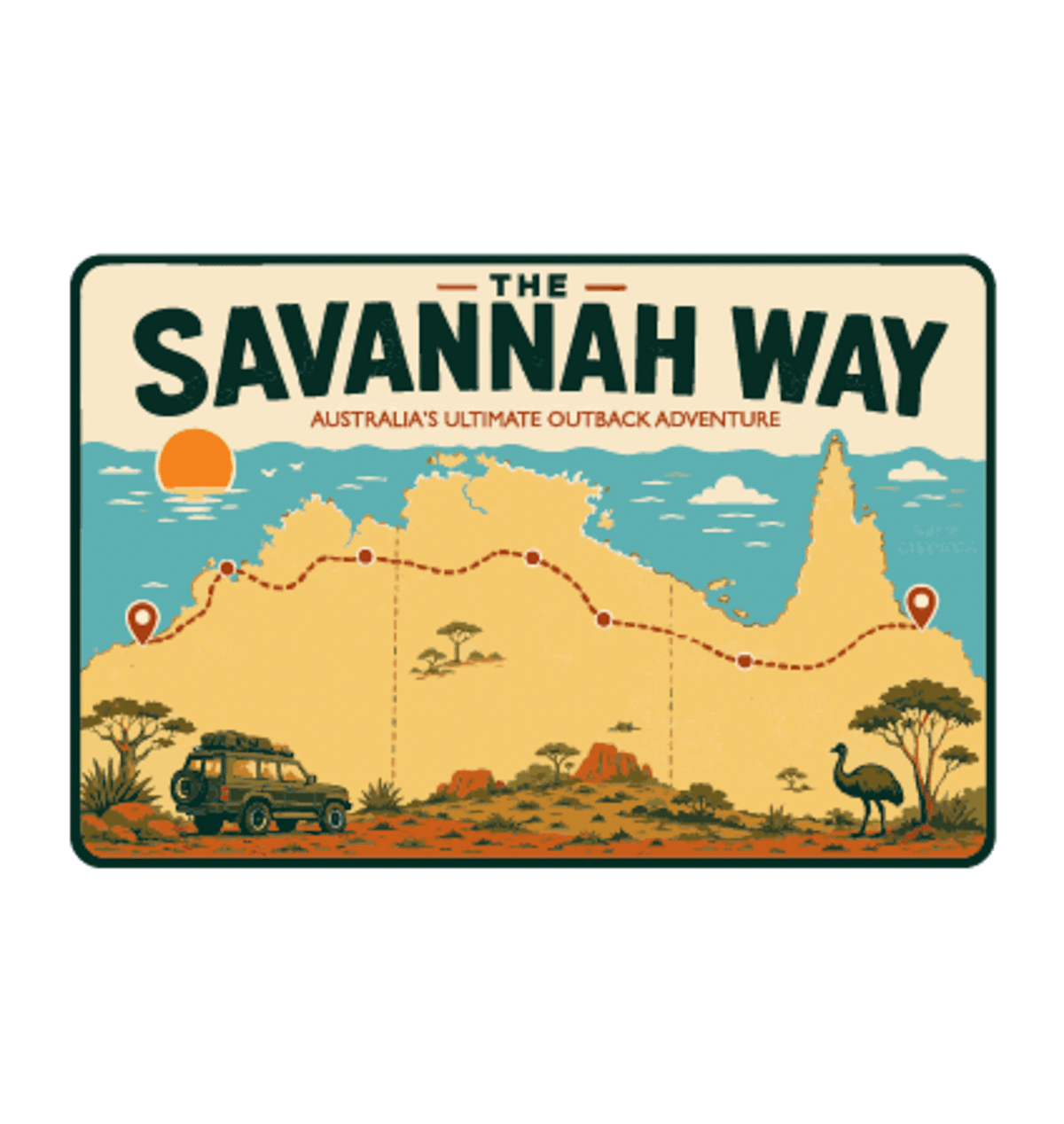 Savannah Way illustrated travel patch design featuring a four-wheel drive travelling a red dirt road across northern Australia.